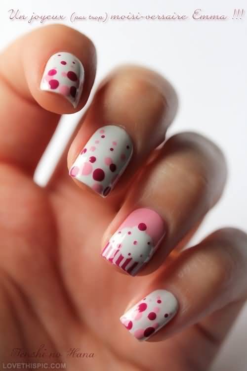 Pink Polka Dots Accent Cupcake Nail Art
