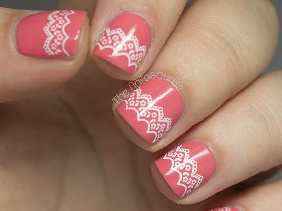 Pink Short Nails With White Lace Design Wedding Nail Art