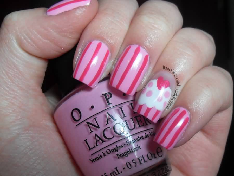 Pink Stripes And Accent Cupcake Nail Art