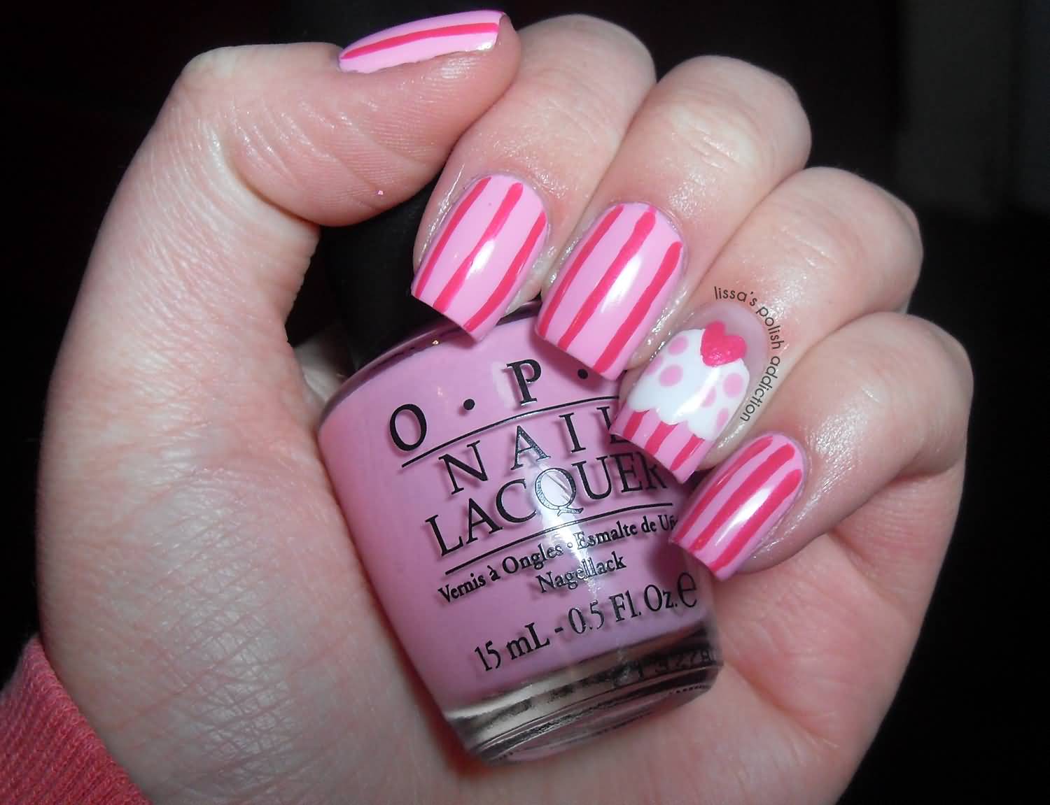 Pink Stripes Cupcake Nail Art