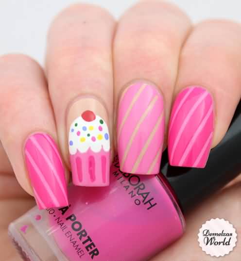 Pink Stripes Nails With Accent Cupcake Nail Art