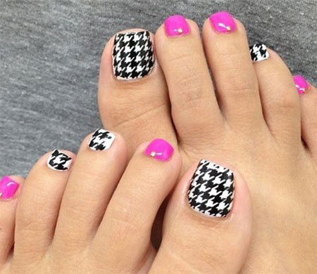 Pink Toe Nails With Black And White Houndstooth Nail Art