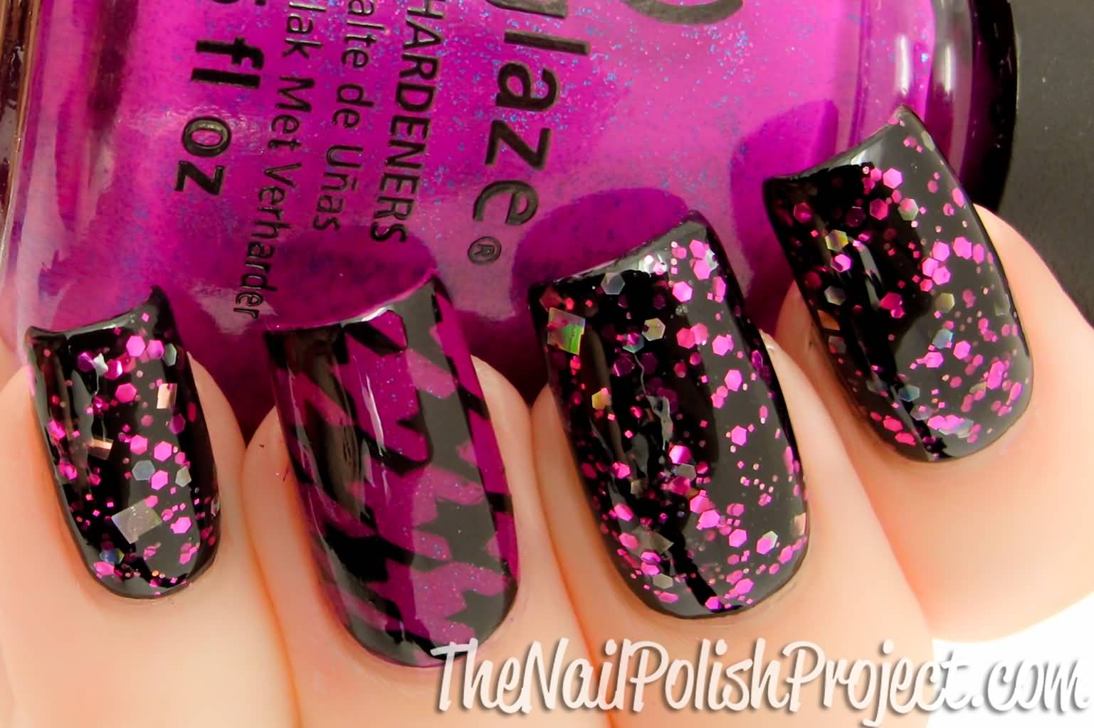Purple And Black Accent Houndstooth Nail Art