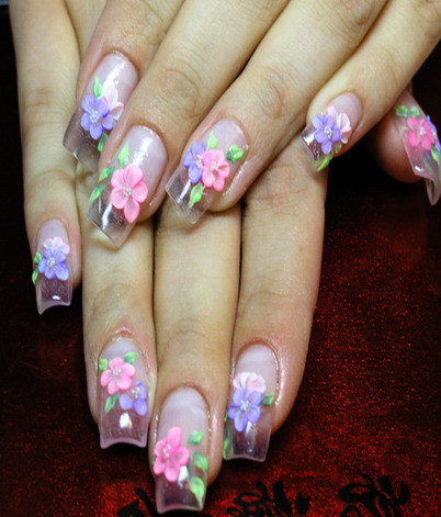 Purple And Pink 3d Flowers Wedding Nail Art