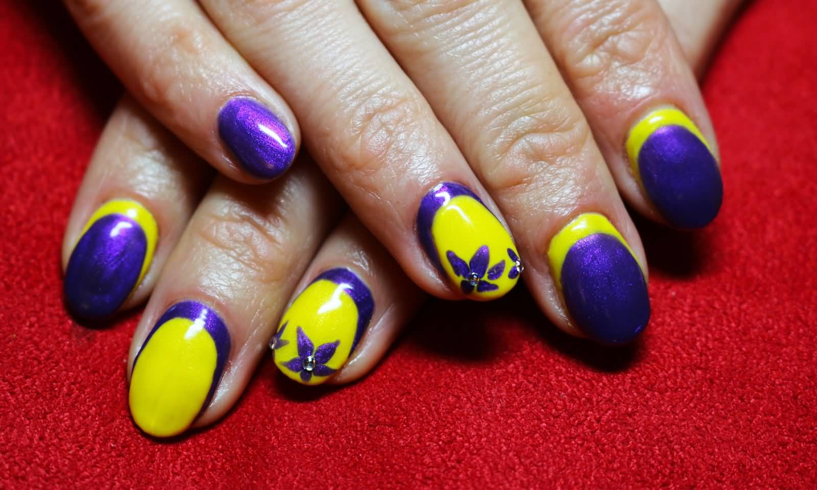 Purple And Yellow Neon Reverse French Tip Nail Art