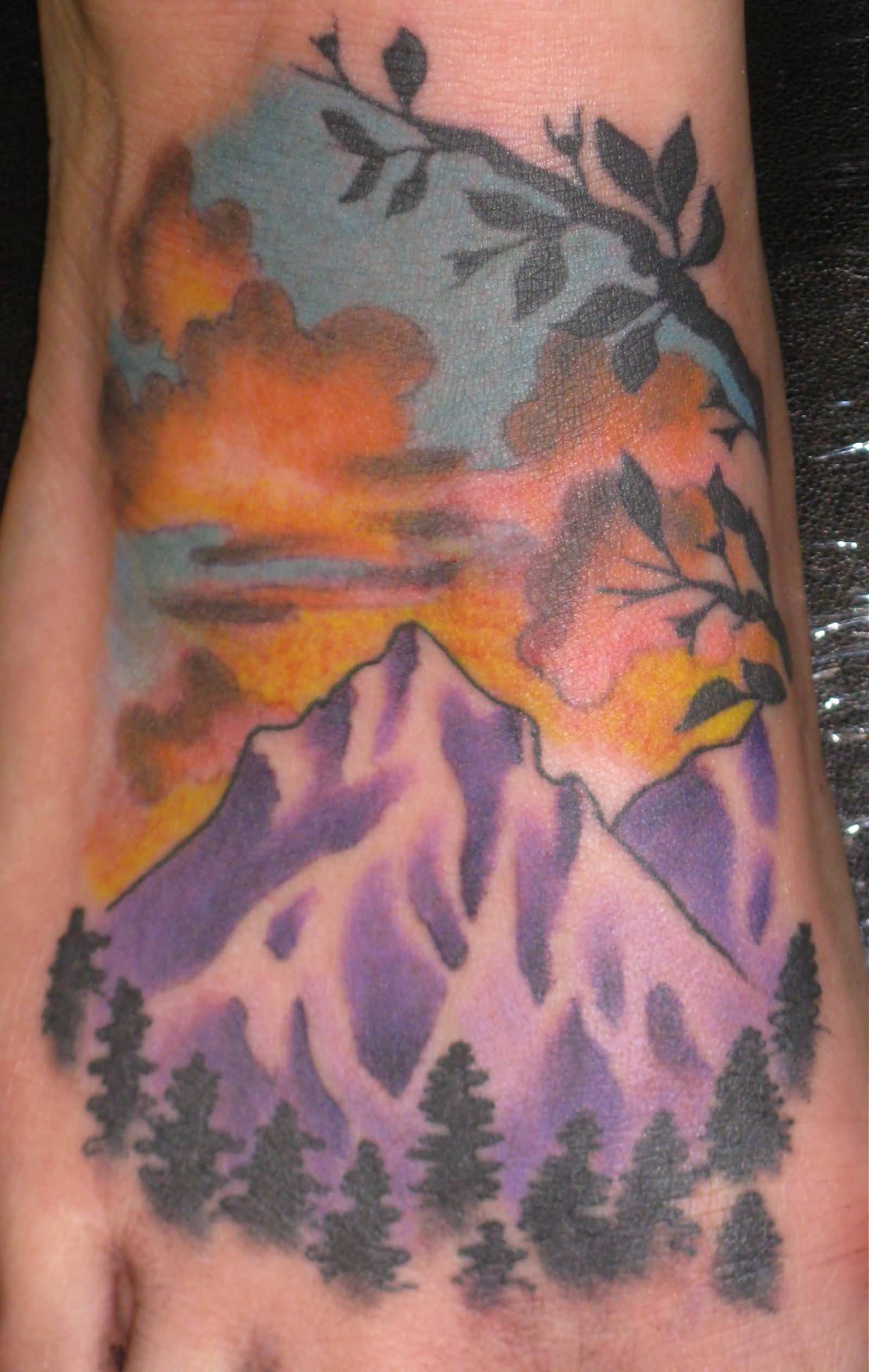 Purple Color Mountains And Clouds Tattoo
