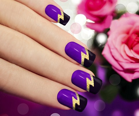 Purple Nails With Gold Thunderbolt Design And Black Tip Nail Art