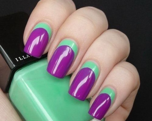 Purple Nails With Green Reverse French Tip Nail Art