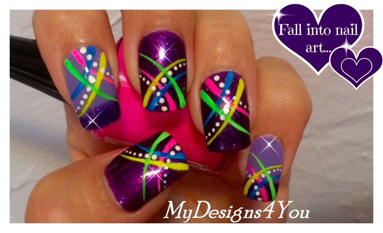 Purple Nails With Neon Stripes Design Nail Art