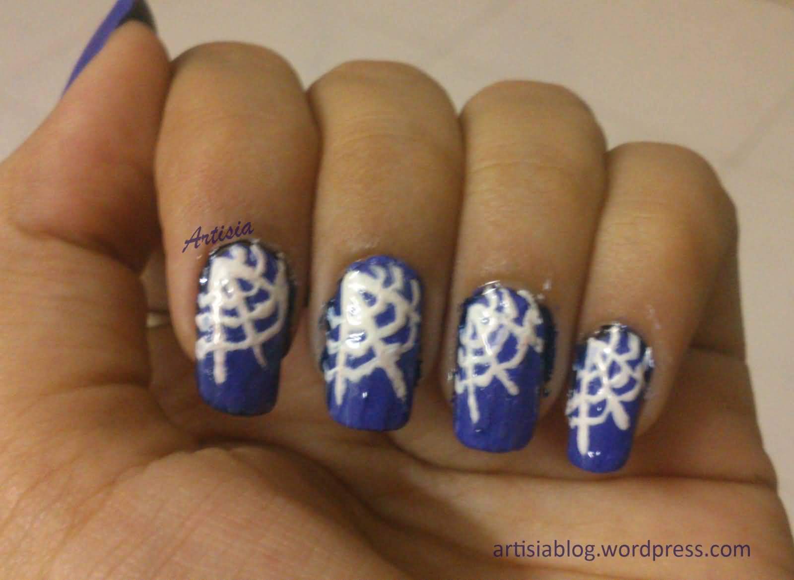 Purple Nails With White Acrylic Spider Web Halloween Nail Art