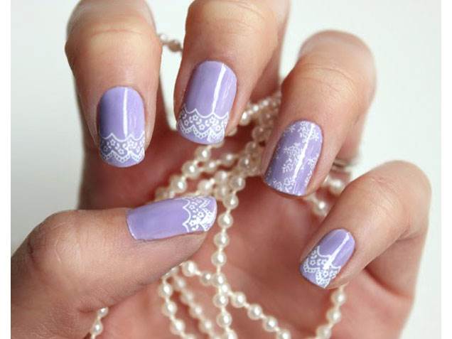 Purple Nails With White French Tip Lace Design Wedding Nail Art