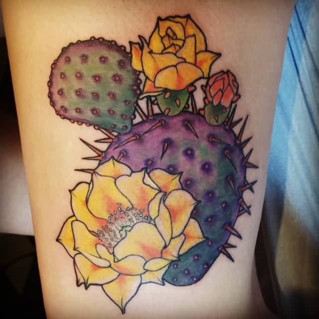 Purple Prickly Pear Cactus With Flowers Tattoo