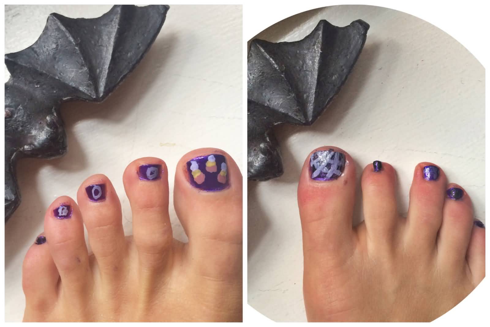 Purple Toe Nails With Spider Web Halloween Nail Art