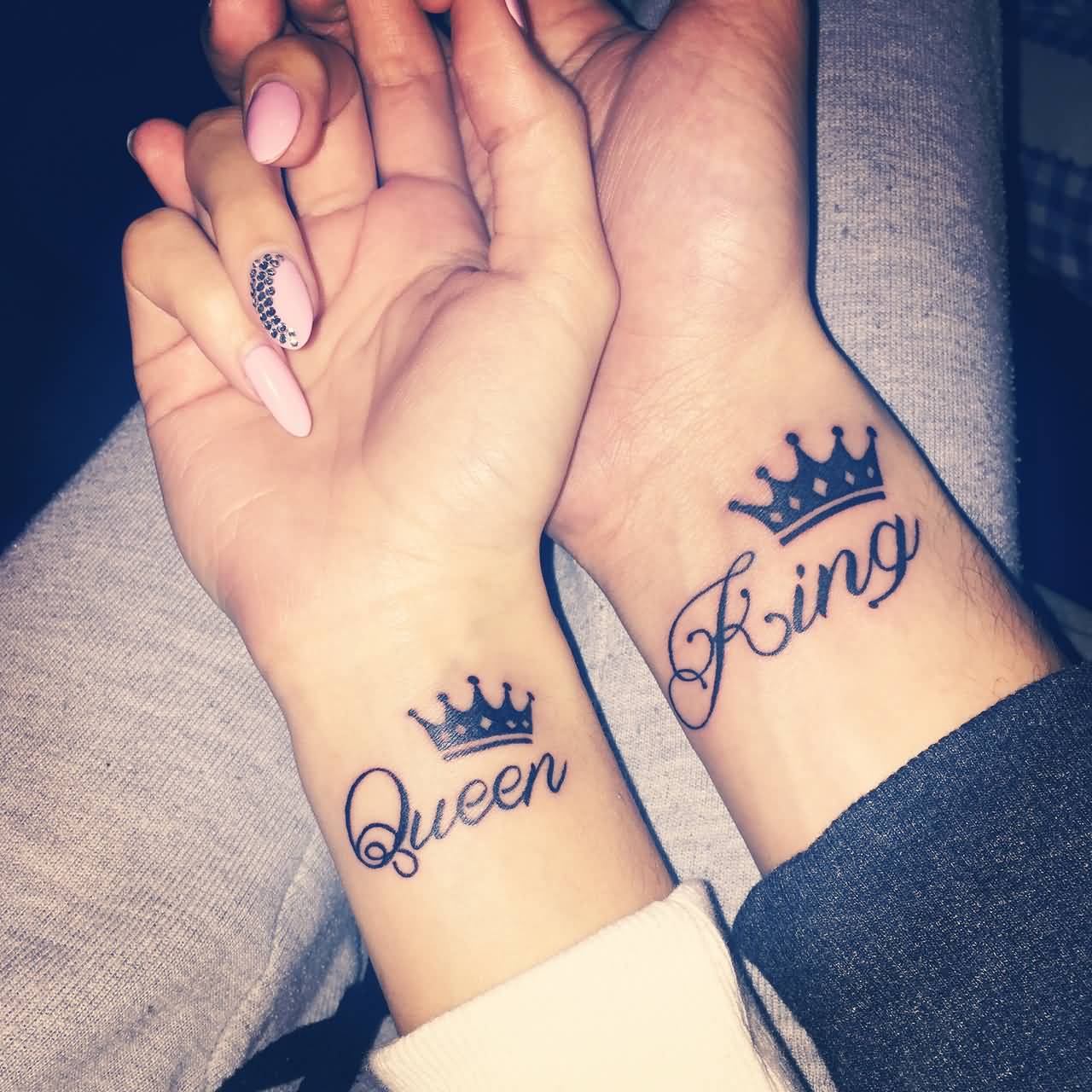 Queen And King Words With Crowns Matching Tattoos On Wrist