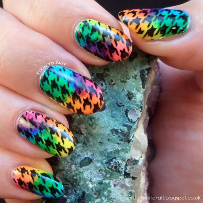Rainbow Houndstooth Nail Art Design Idea
