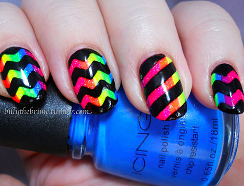 Rainbow Nails With Black Stripes Design