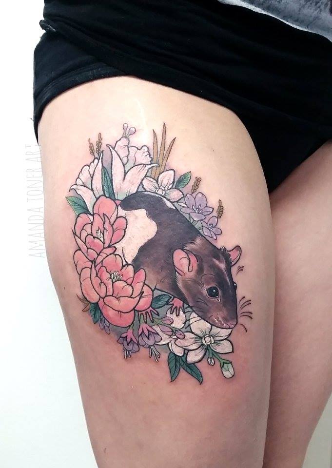Rat In Flowers Tattoo On Right Thigh by Amanda Toner Art
