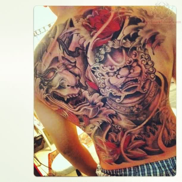 Realistic Angry Foo Dog With Red Flowers Tattoo On Full Back