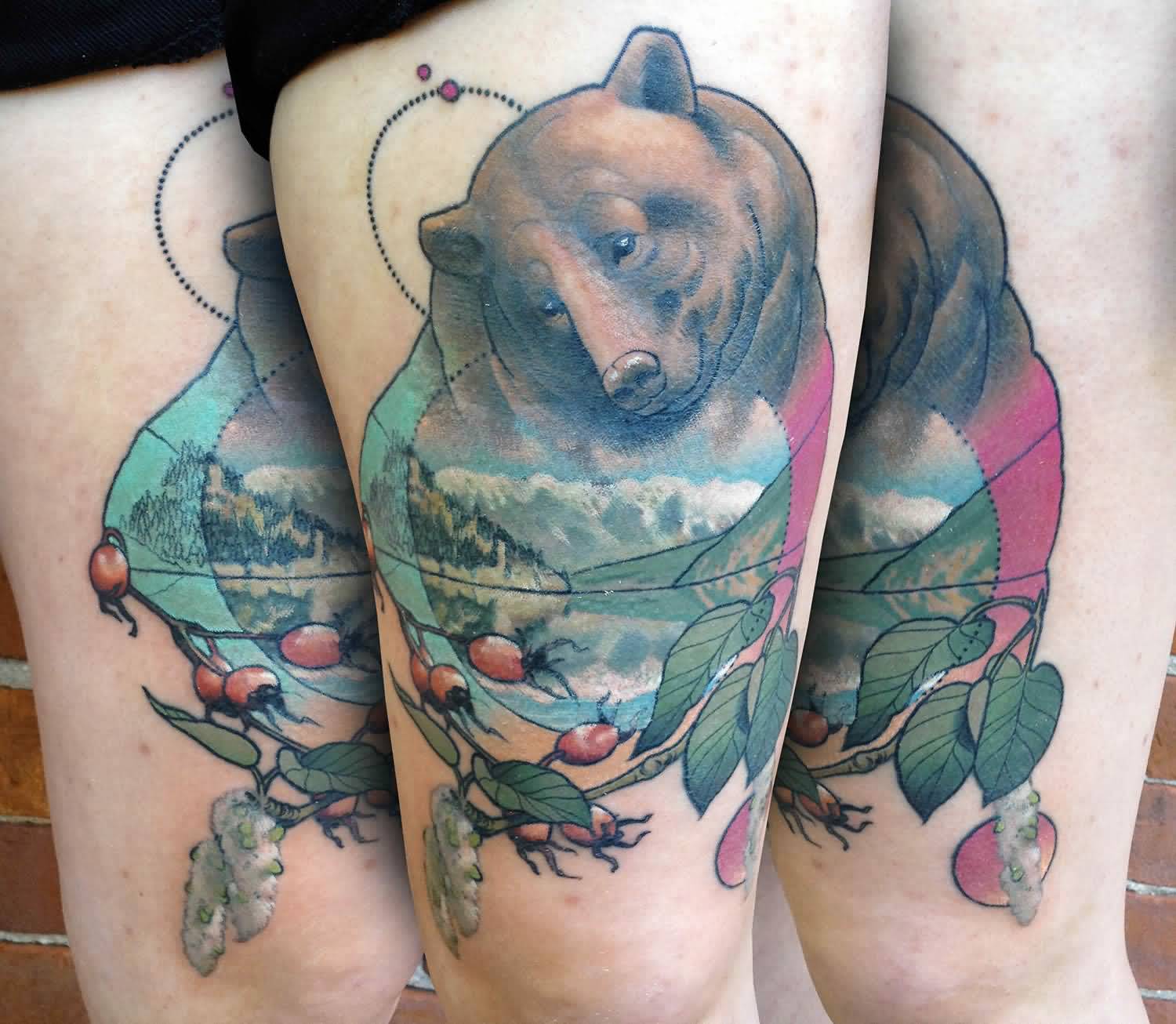 Realistic Bear With Mountains Scene Tattoo