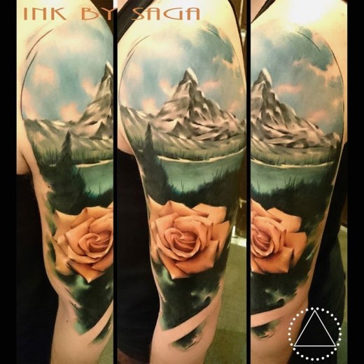 Realistic Charming Rose And Mountains Scene Tattoo On Half Sleeve
