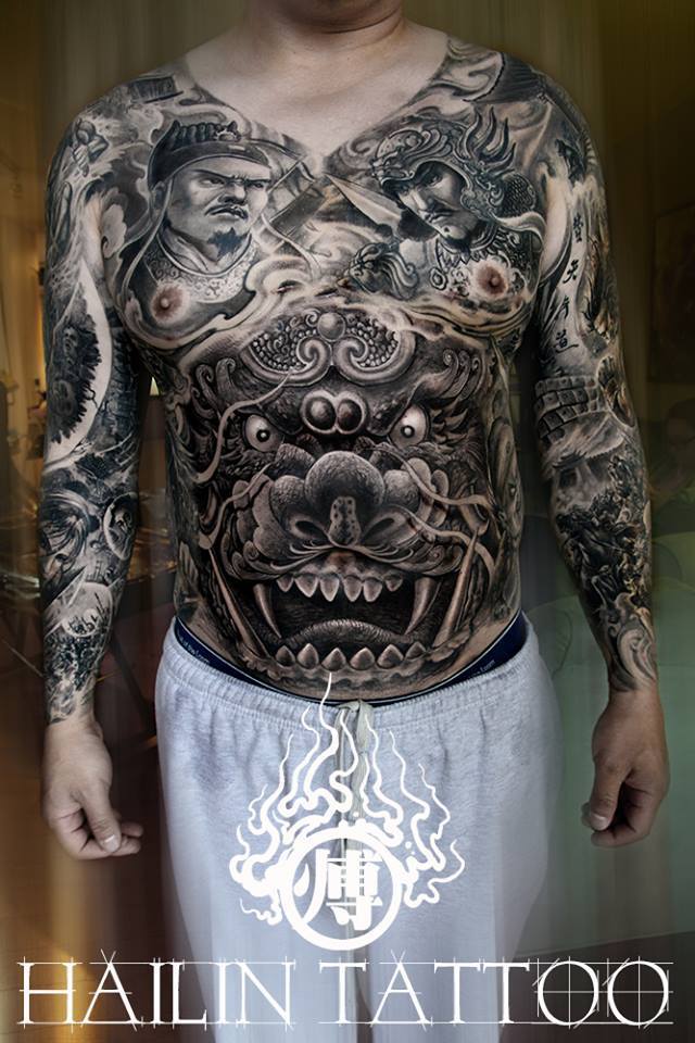 Realistic Foo Dog With Chinese Soldiers Tattoo On Full Body