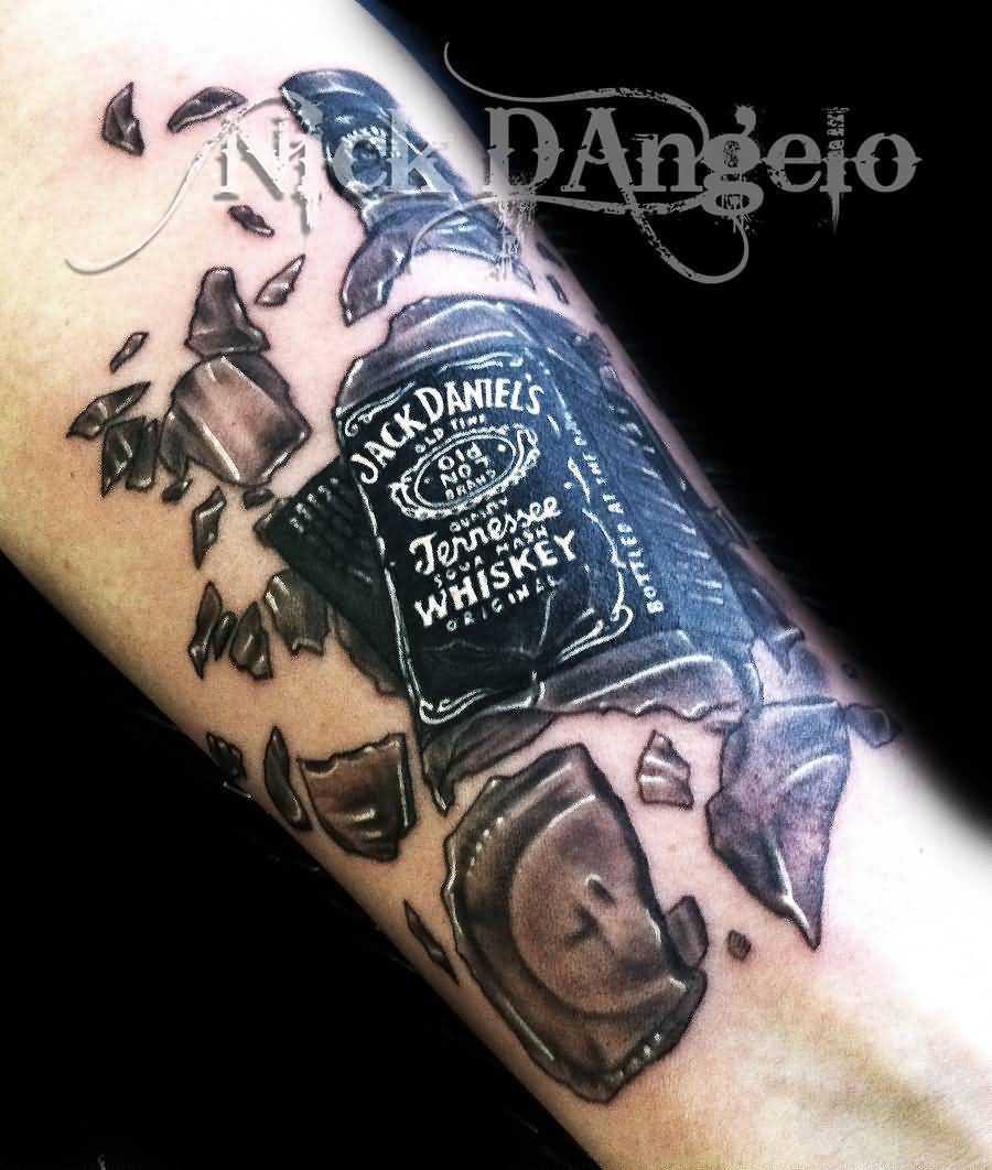 Realistic Jack Daniel Bottle In Pieces Tattoo On Forearm