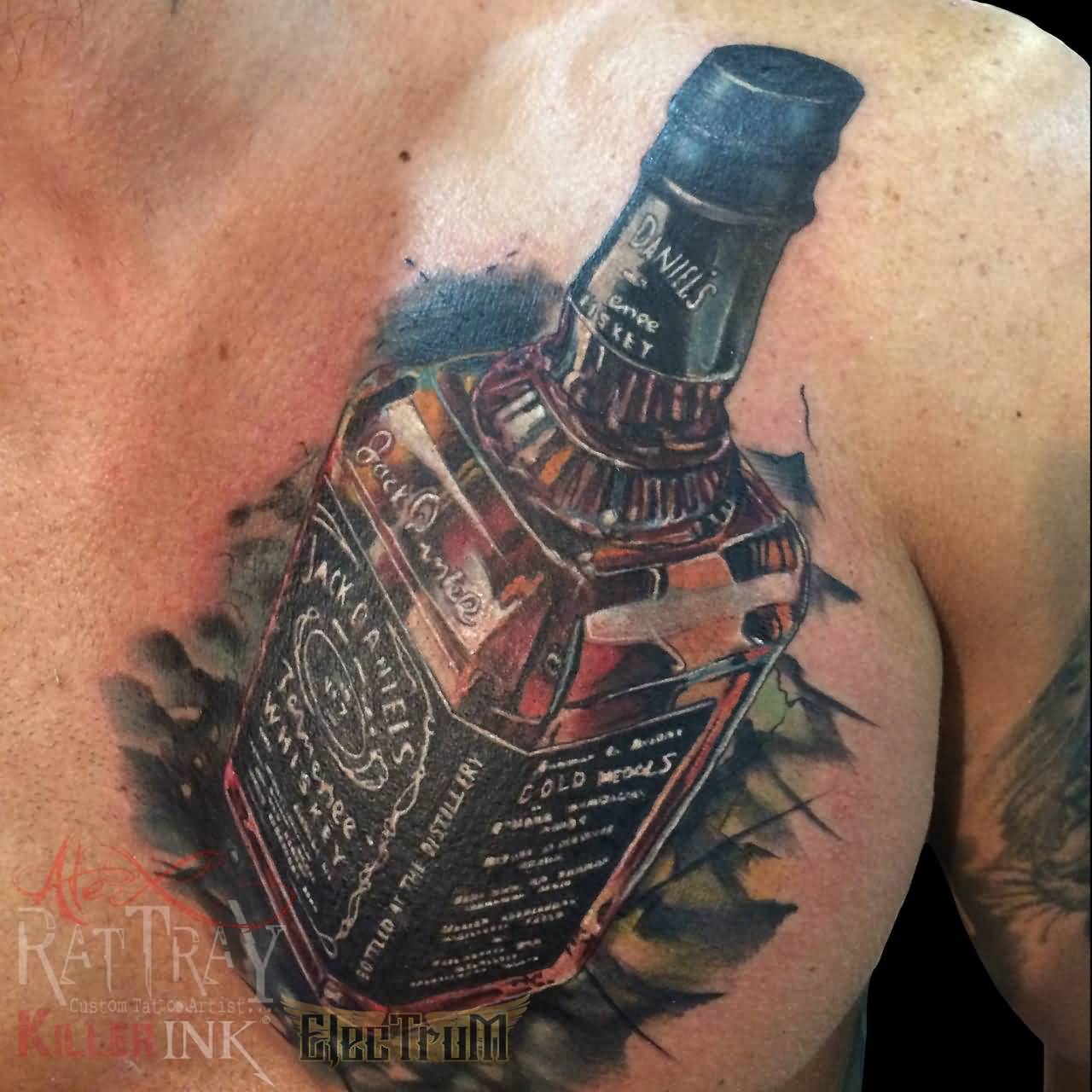 Realistic Jack Daniel Bottle Tattoo On Chest