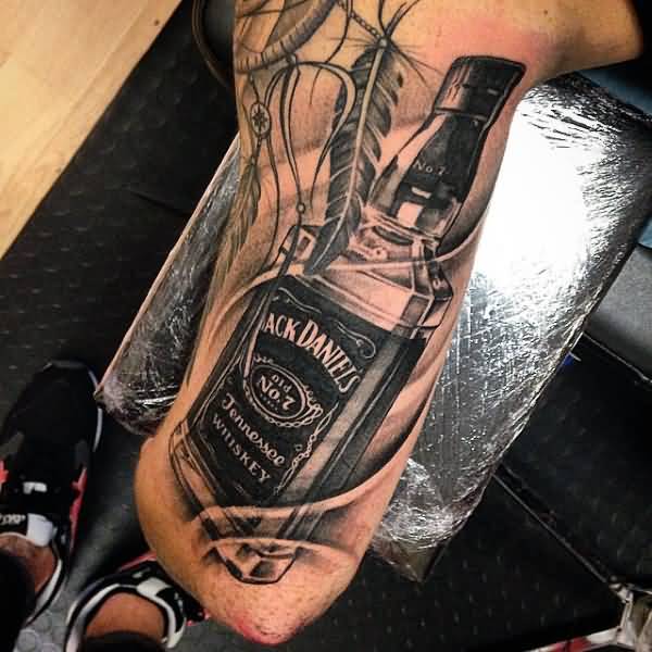 Realistic Jack Daniel Bottle With Dream Catcher Tattoo