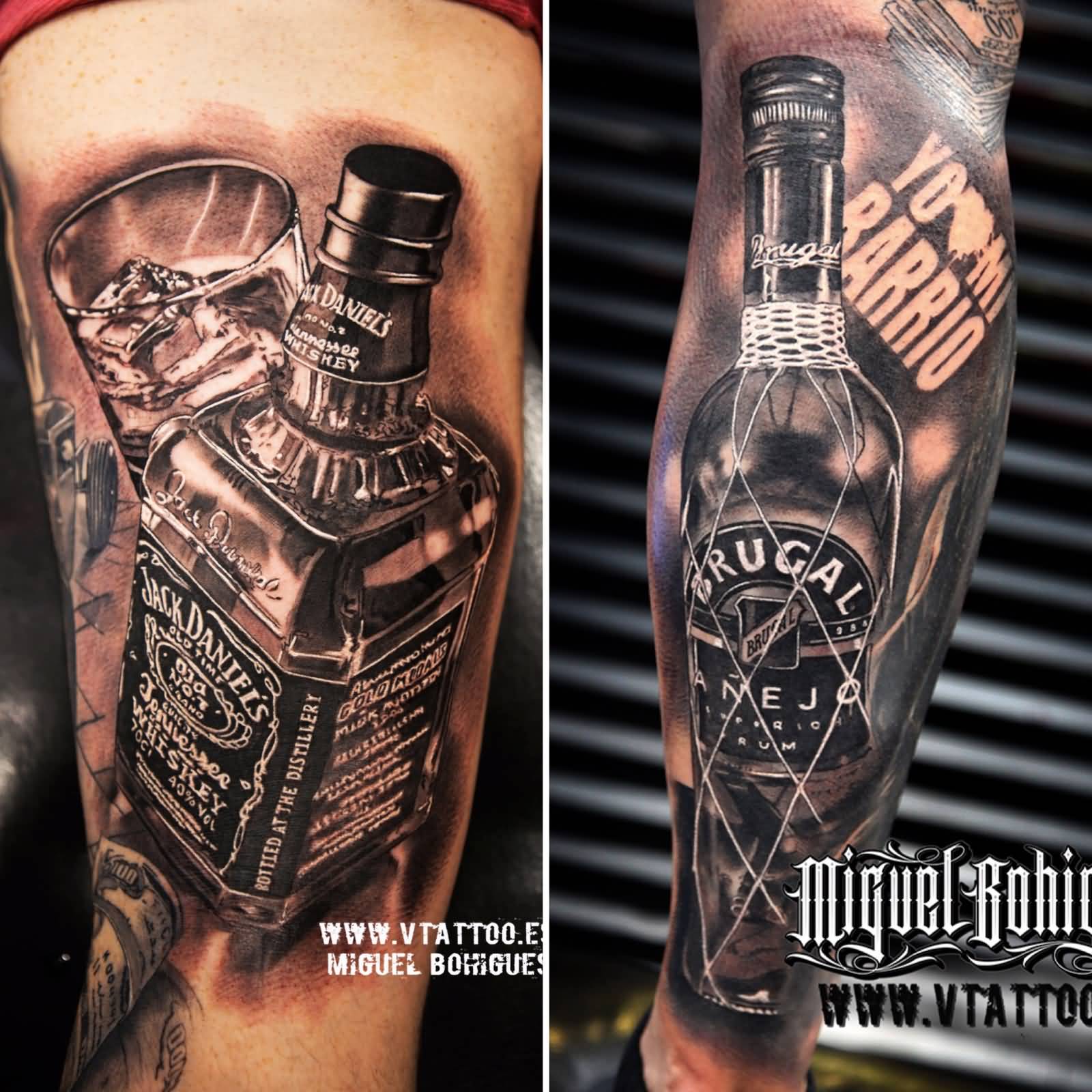 Realistic Jack Daniel Bottles With Glass Tattoos On Arm Sleeves