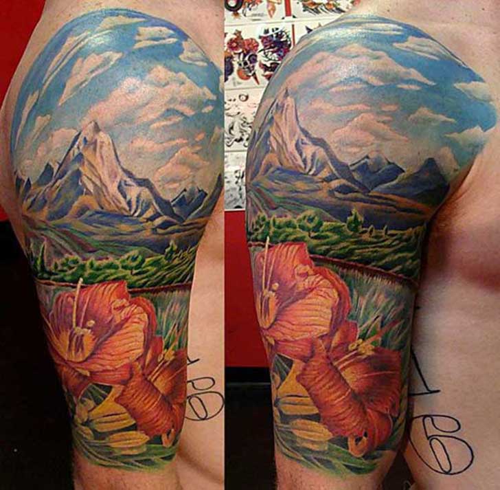 Realistic Mountains Scene With Lovely Red Flower Tattoo On Half Sleeve
