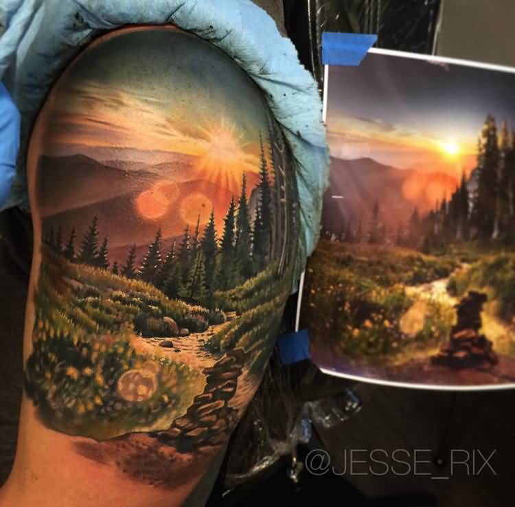 Realistic Mountains With Forest And Sun Tattoo On Half Sleeve
