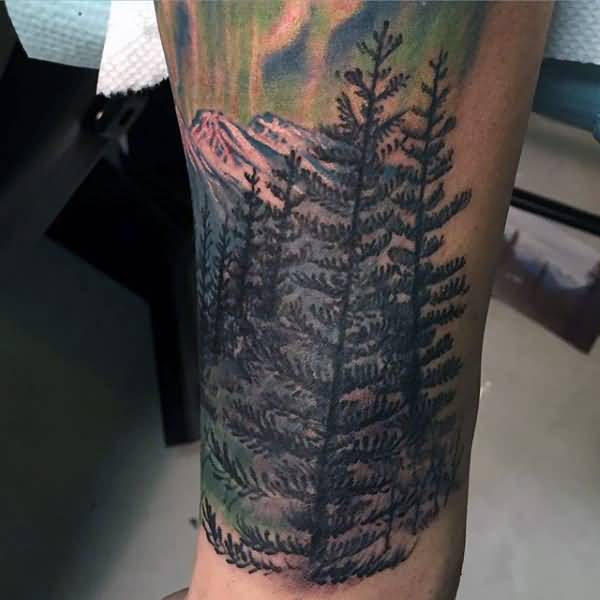 Realistic Mountains With Pine Trees Tattoo On Half Sleeve