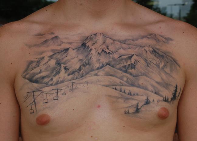 Realistic Mountains With Trees Tattoo On Chest