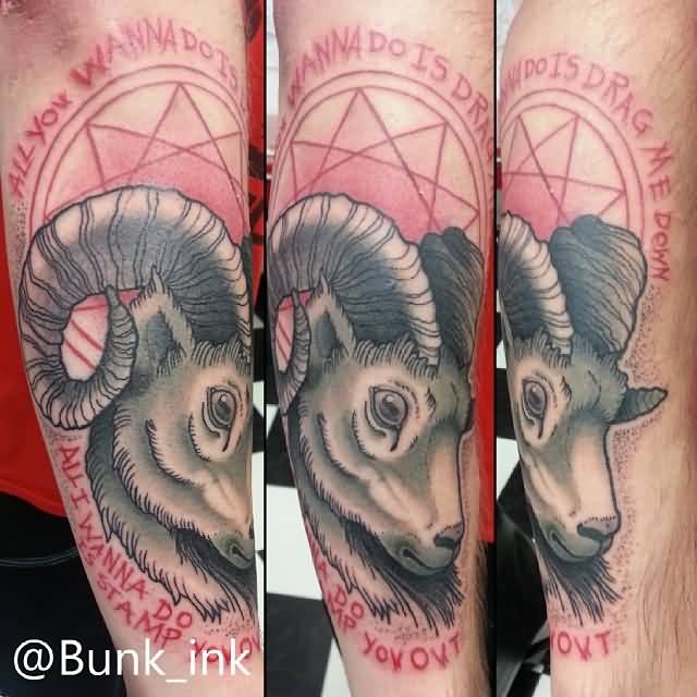 Realistic Slipknot Goat Face With Star Tattoo On Sleeve