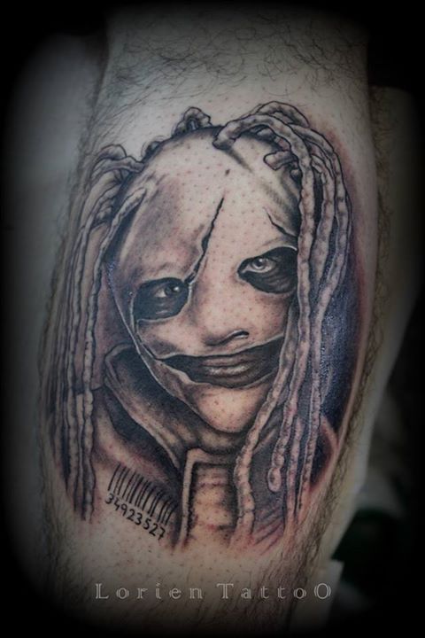 Realsitic Black And Grey Slipknot Member Tattoo By Lorien Tattoo