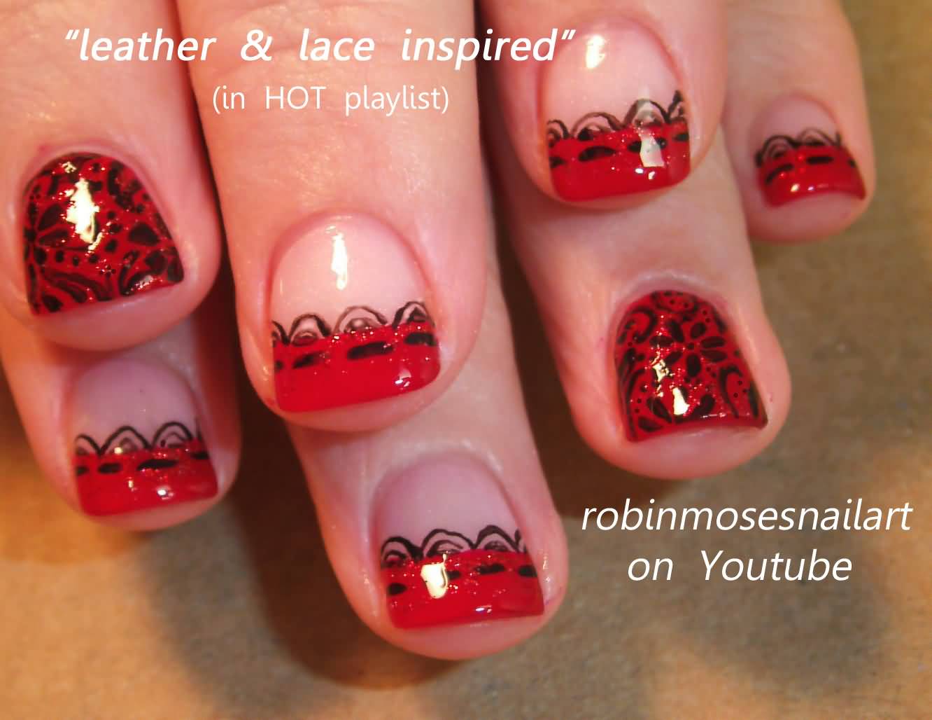 Red And Black Design Nail Art For Short Nails