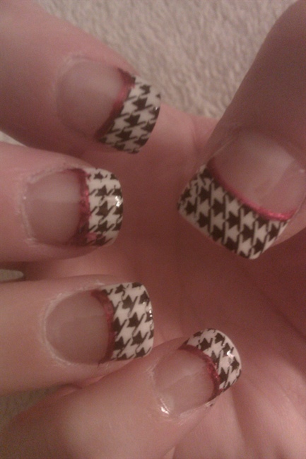 Red And Black French Tip Houndstooth Nail Art Design Idea