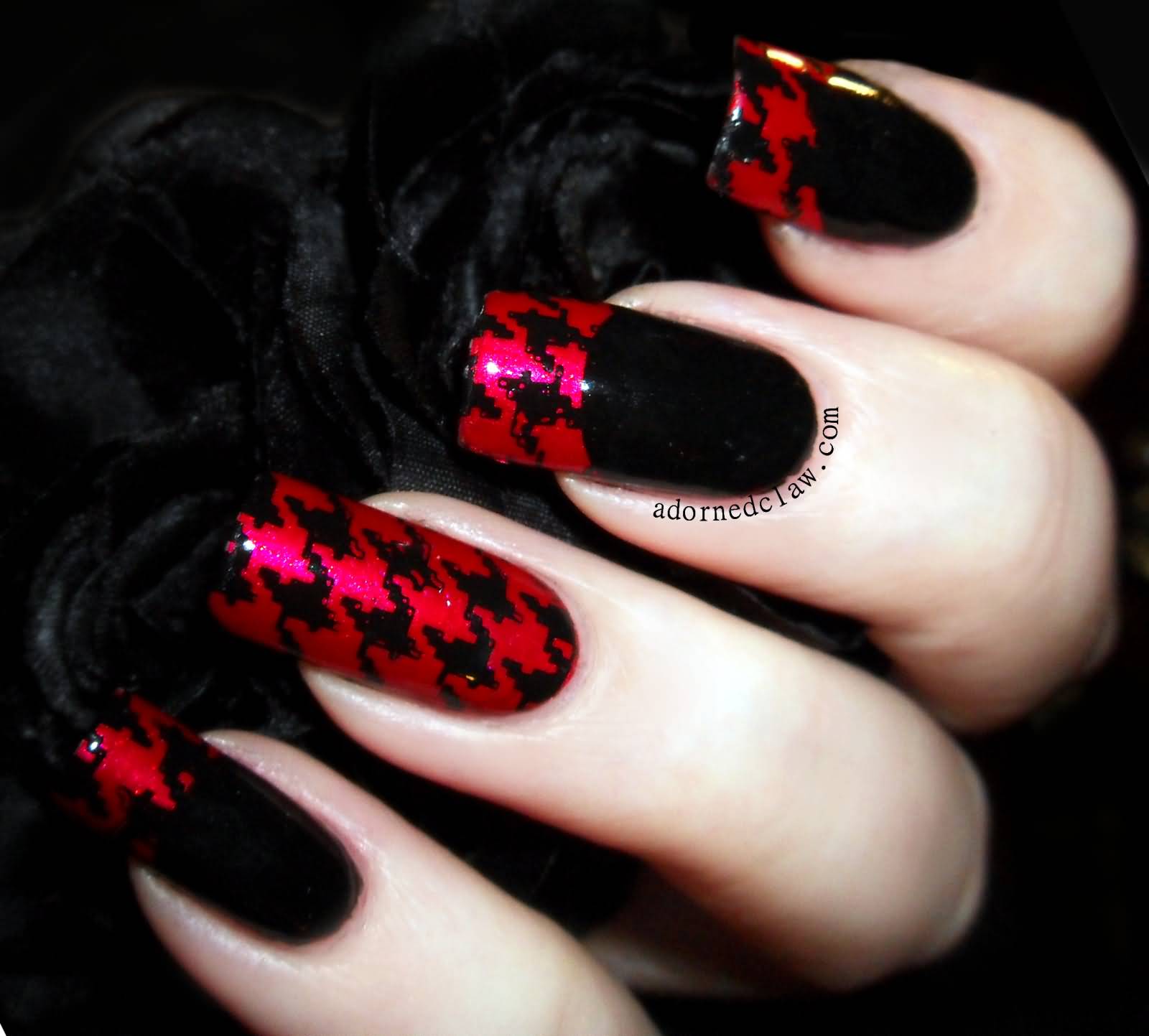 Red And Black French Tip Houndstooth Nail Art