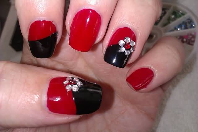 Red And Black Glossy Nails With Rhinestones Flower Design Nail Art