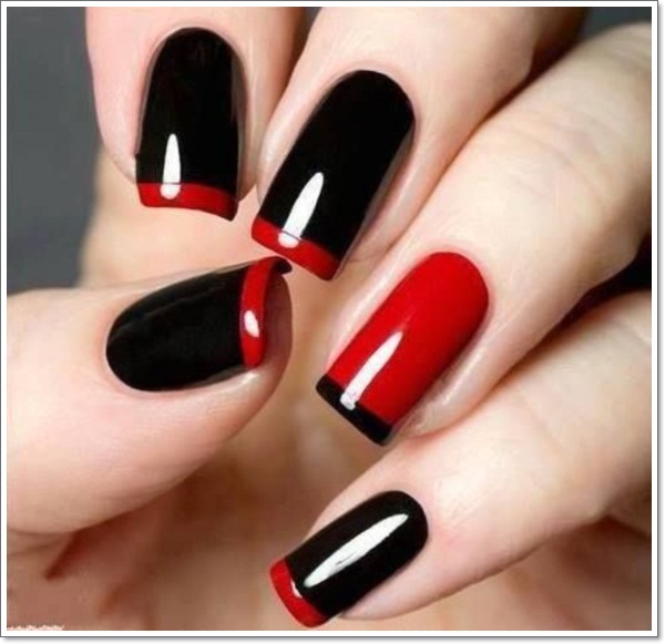 Red And Black Glossy Reverse French Tip Nail Art