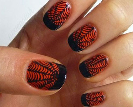 Red And Black Glossy Spiderweb Halloween Nail Art
