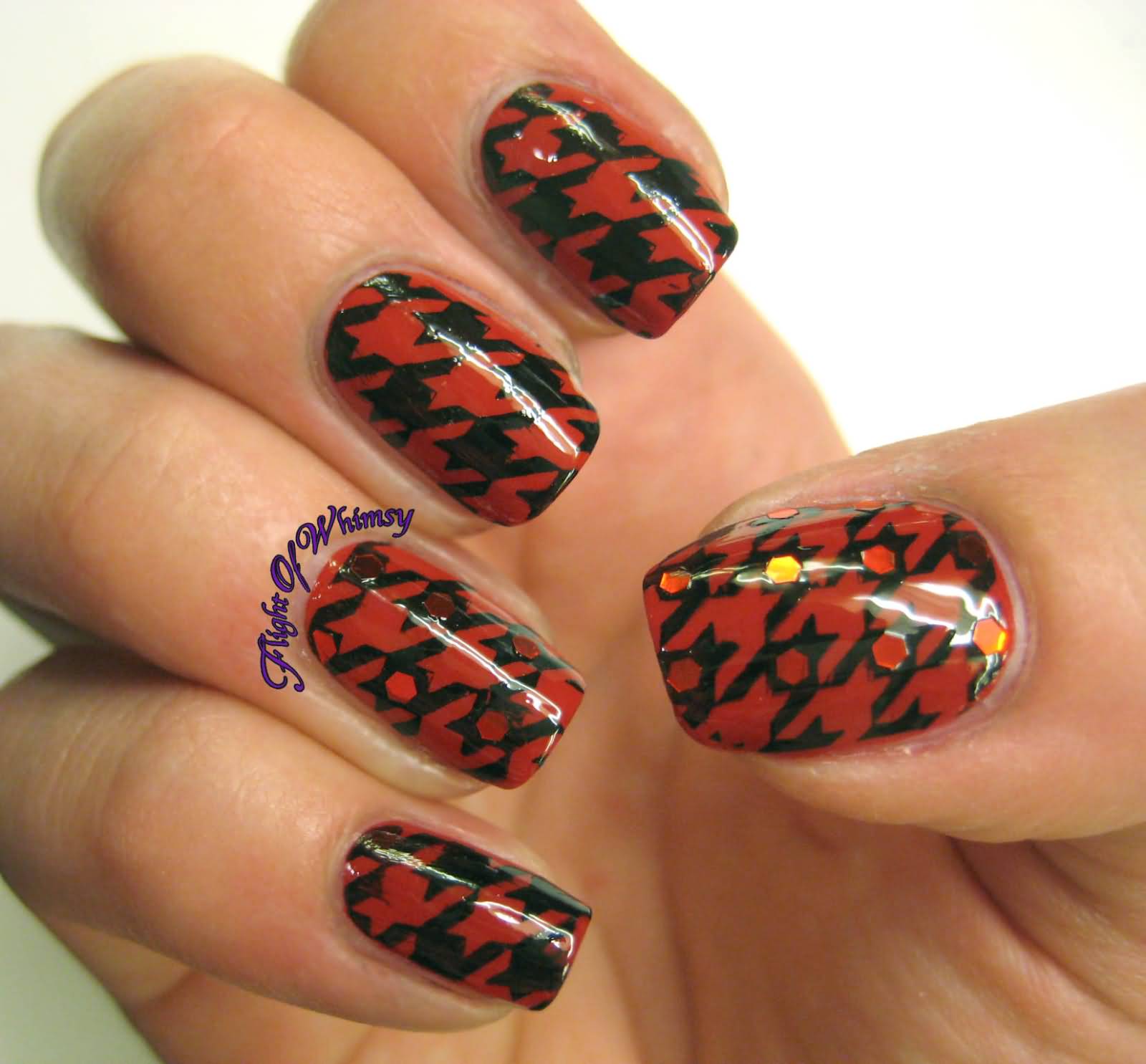 Red And Black Houndstooth Nail Art