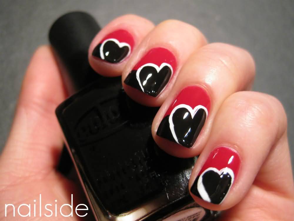 Red And Black Nail Art With White Heart Design