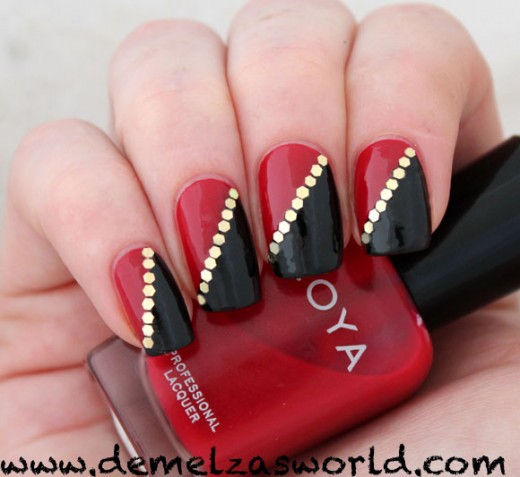 Red And Black Nails With Gold Dots Design Nail Art