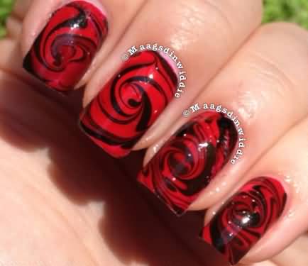 Red And Black Rose Flower Water Marble Nail Art