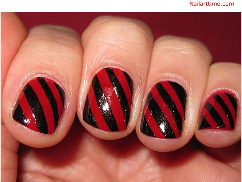 Red And Black Stripes Nail Art