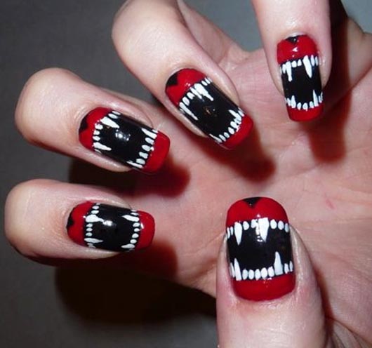 Red And Black Vampire Flangs Design Nail Art For Halloween