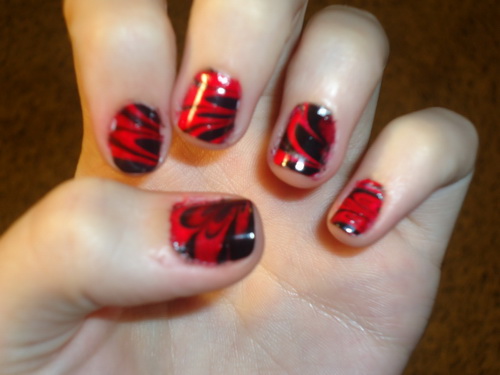 Red And Black Water Marble Nail Art