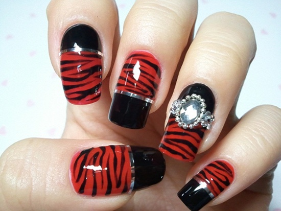 Red And Black Zebra Print Nail Art With Pearl Design