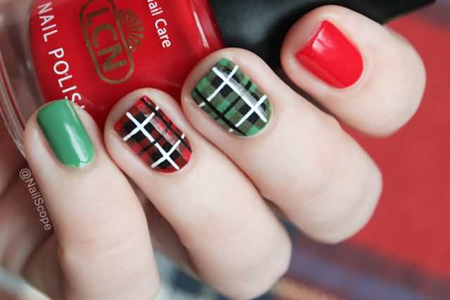 Red And Green Burberry Print Nail Art